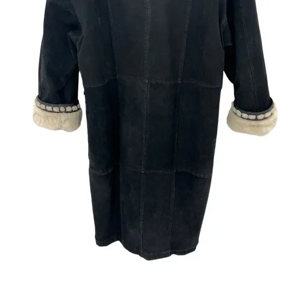 Vintage Sin by Morgan Cooper Black Suede Faux Fur Hooded Trench Coat Jacket L - Picture 9 of 16